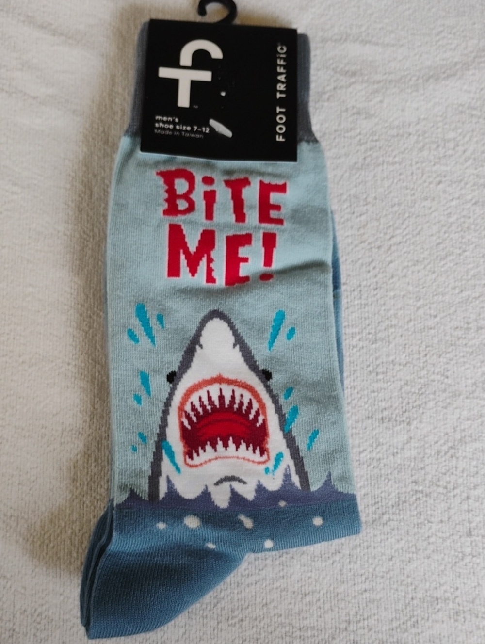 Traffic Light Blue Crew Socks with Red "Bite Me" Shark Graphic